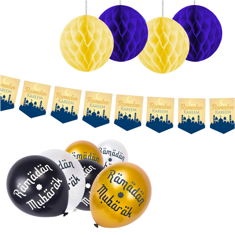 Ramadan Kareem Gold Silver & Black Balloons, Bunting & Hanging Honeycomb Balls Party Set