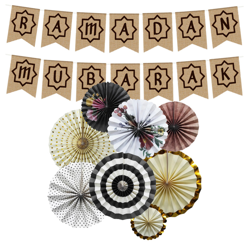 Vintage Ramadan Paper Fans & Hessian Bunting Decoration Set
