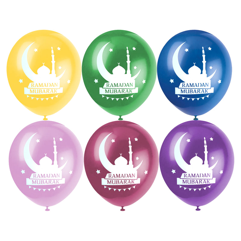 Multicolour Ramadan Mubarak Mosque & Moon Balloons (12 Pack)
