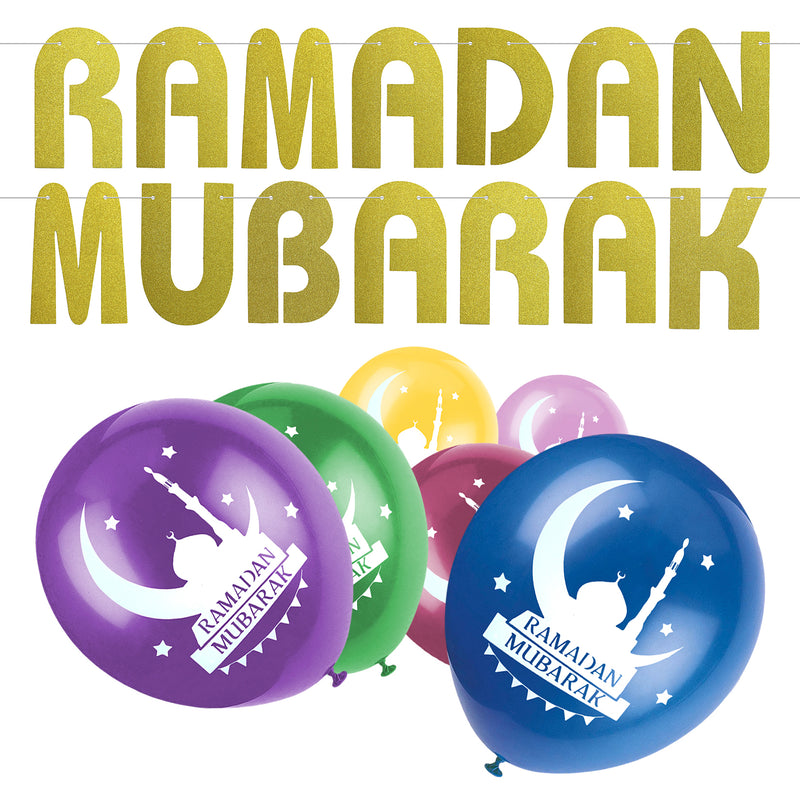 Gold Glitter Ramadan Mubarak Letters Bunting & 12 Multicolour Ramadan Mosque Balloons Set