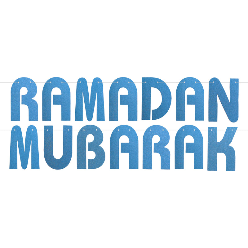 Blue Glitter Ramadan Mubarak Letter Bunting & Moon & Mosque Hessian Bunting Set