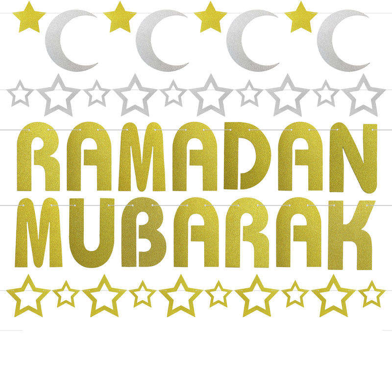 Gold Glitter Ramadan Mubarak Letters, Gold/Silver Moon & Star 4-Piece Bunting Decoration Set