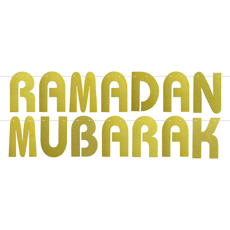 Gold Glitter Ramadan Mubarak Letters, Gold/Silver Moon & Star 4-Piece Bunting Decoration Set