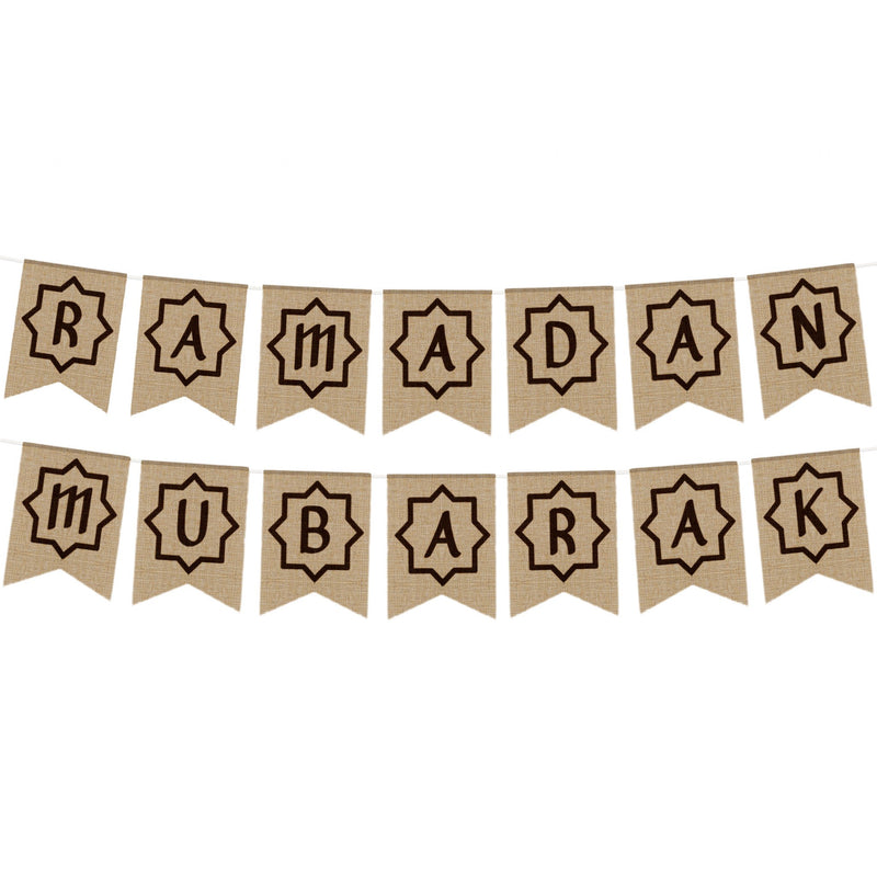 Hessian Ramadan Mubarak Bunting & 4x Moon / Star Gold Wooden Hanging Decorations Set