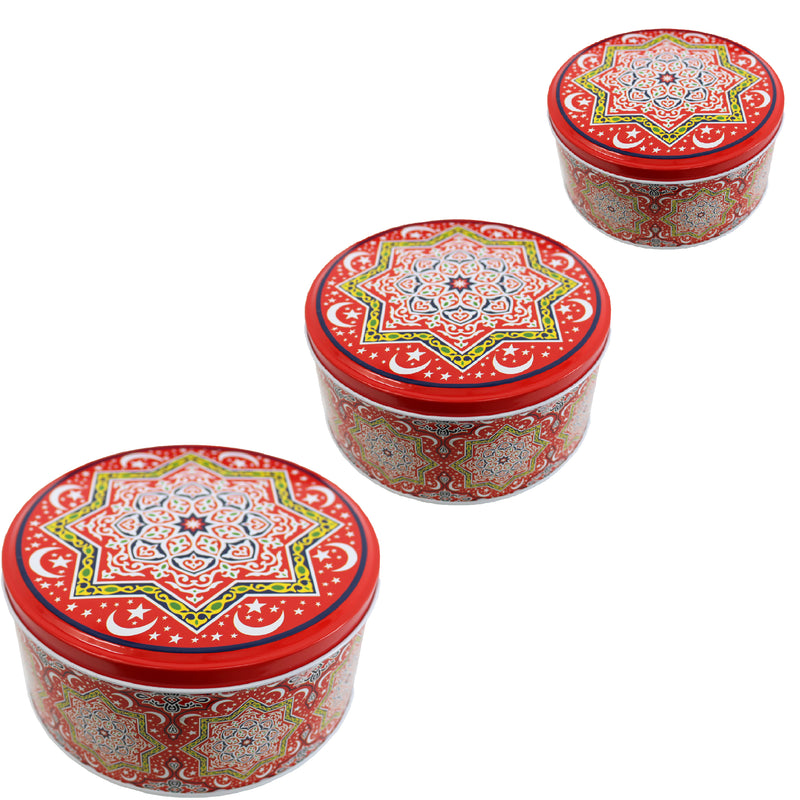 Set of 3 Red Small, Medium & Large Moon & Stars Decorative Iftar Treat Tins