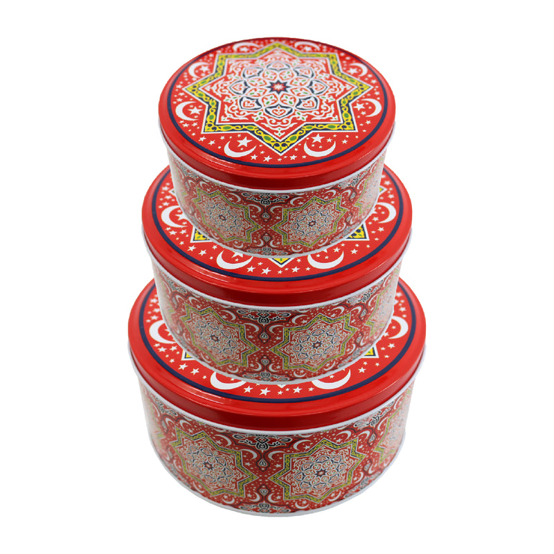 Set of 3 Red Small, Medium & Large Moon & Stars Decorative Iftar Treat Tins