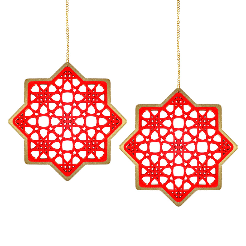 Set of 2 Wooden Ramadan & Eid Ornate Hanging Star Decorations - Red / Gold Outline