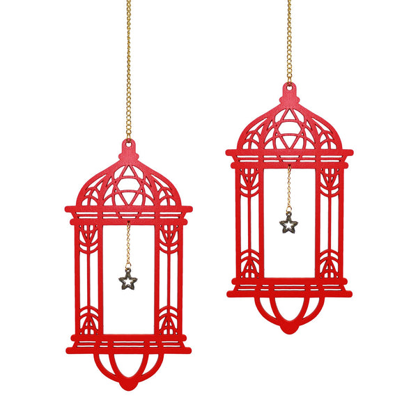 Set of 2 Red Wooden Ramadan / Eid Lantern Hanging Decorations
