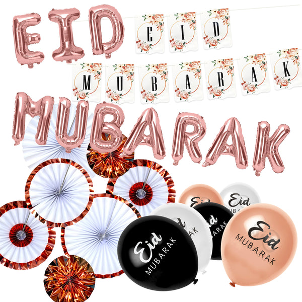 Eid Mubarak Floral Bunting, Rose Gold Foil Balloons, Rose Gold Paper Fans & Eid Mubarak Balloons Set