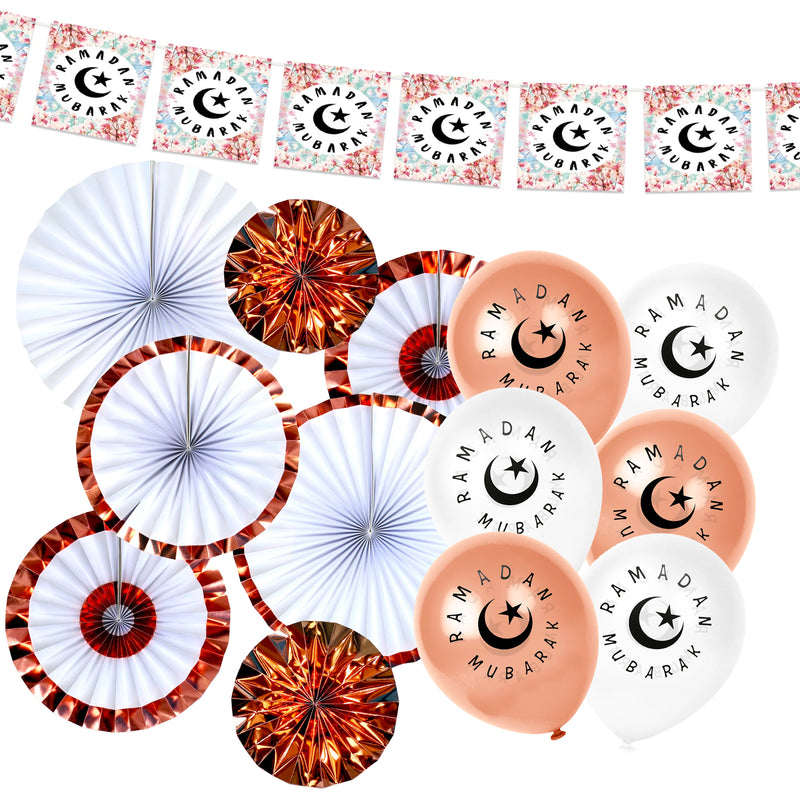 Floral Ramadan Mubarak Bunting, Rose Gold Paper Fans & Matching Balloons Set