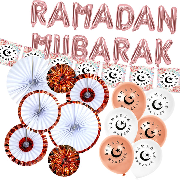 Floral Ramadan Mubarak Bunting, Rose Gold Paper Fans, Latex & Foil Balloons Set