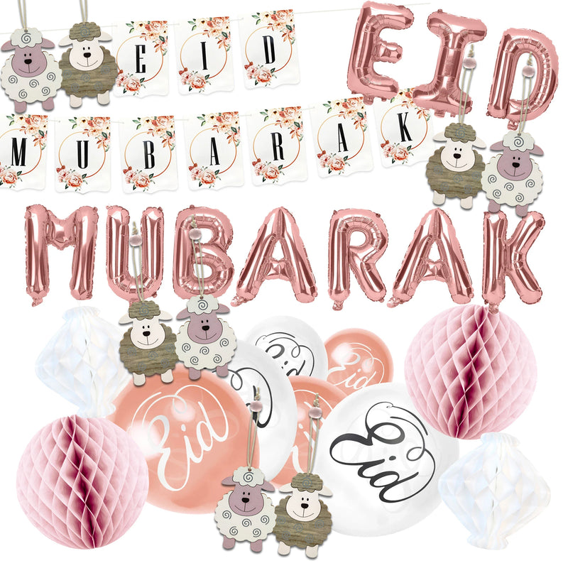 Eid Mubarak Floral Bunting, Rose Gold Foil Letter Balloons, Rose Gold & White Latex Balloons & 4 Paper & 8x Wooden Hanging Eid al-Adha Decoration