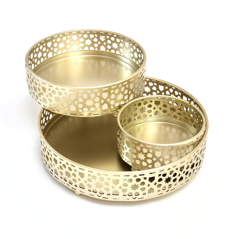 3pc Round Gold Metal Iftar Tray Set - Tea Serving Trays - Geometric Cutouts(757-6)