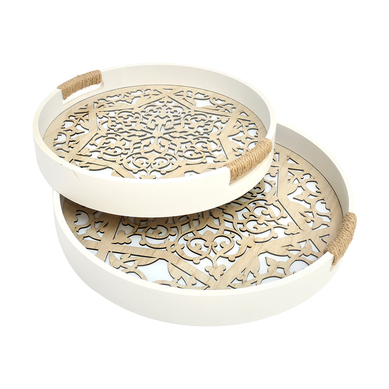 2pc Round Natural Wood & White Iftar Tray Set - Tea Serving Trays - Hessian Rope Handles