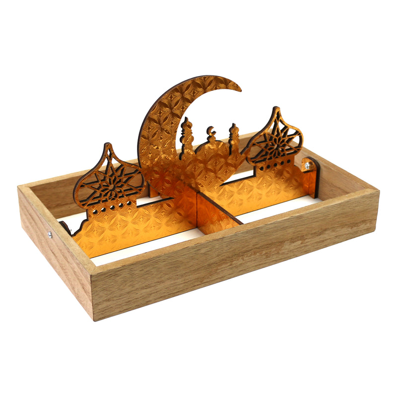 Small Wooden Gold Moon & Mosque Quarter Section Serving Tray