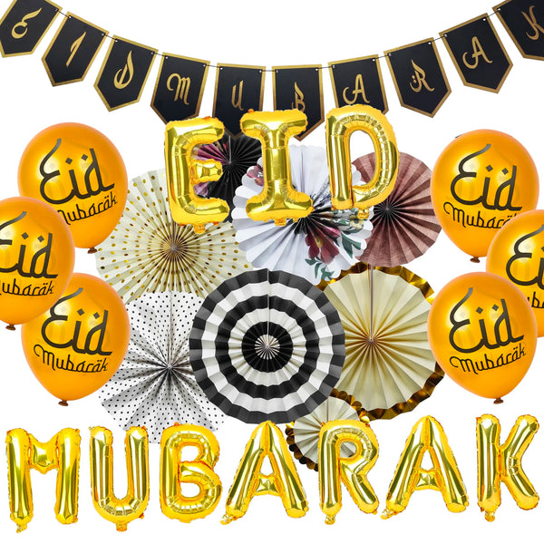 Vintage Style Paper Fans, Eid Mubarak Black Bunting, Eid Foil Letter Balloons & 12 Gold Latex Balloons