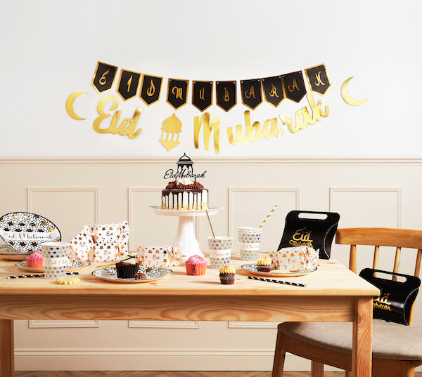 Glossy Black Eid Mubarak Calligraphy & Lantern Cake Topper