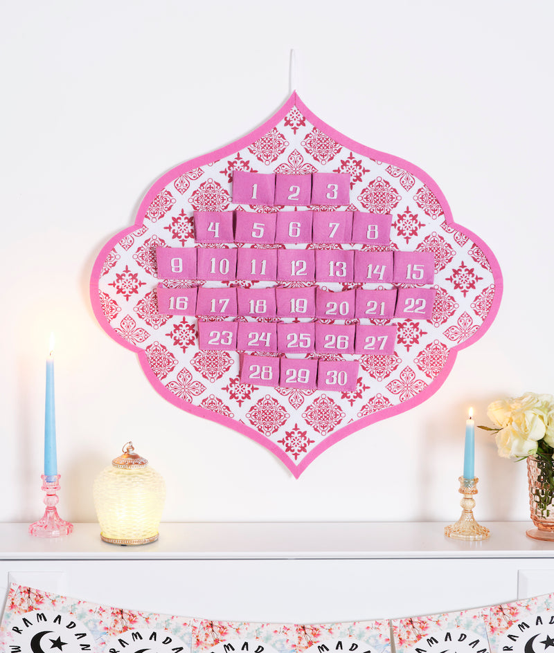 Pink Ramadan Calendar, Floral Bunting & Balloons Decoration Set