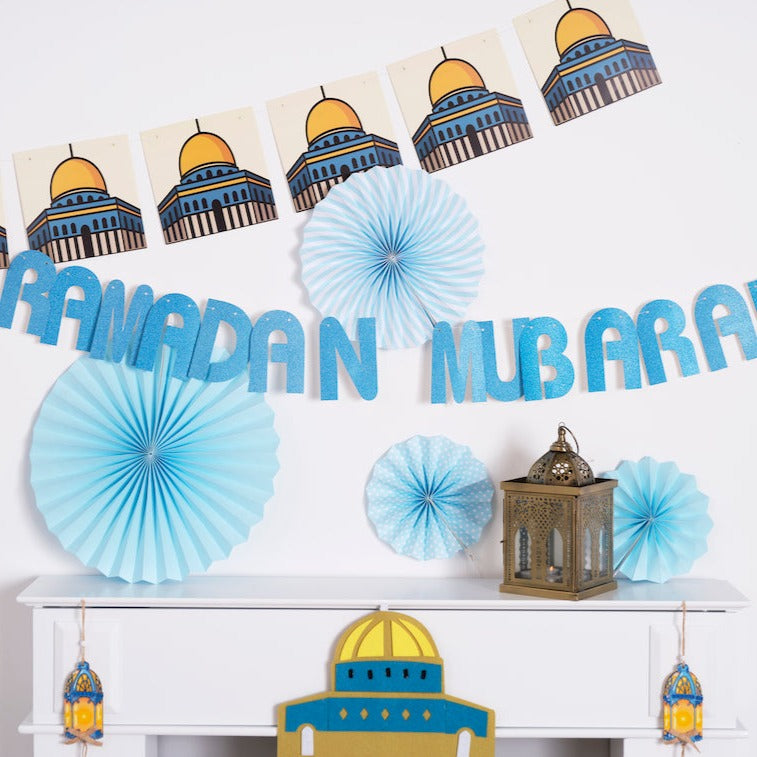 Al-Aqsa Mosque Ramadan Calendar, Bunting & Paper Fans Decorations Set