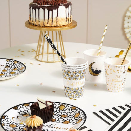 Black White & Gold Star 'Eid Mubarak' Disposable Paper Plate & Cups