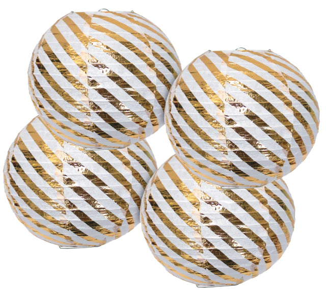 Pack of 4 Paper Hanging Lanterns - White & Gold Stripe