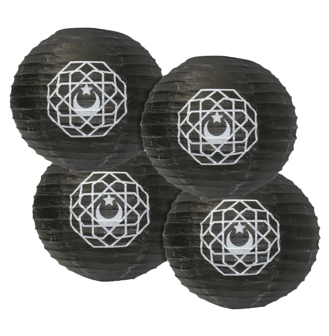 Pack of 4 Crescent Moon Geometric Pattern Paper Hanging Lanterns - Black