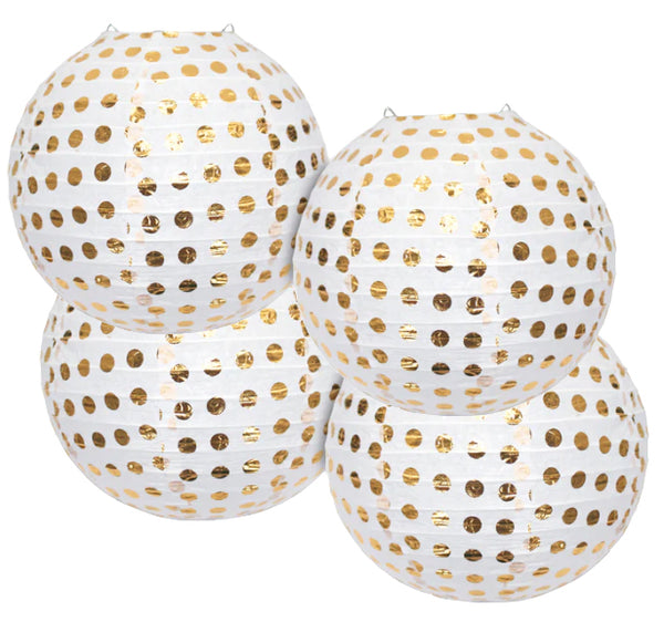 Pack of 4 Paper Hanging Lanterns - White & Gold Polka Dot
