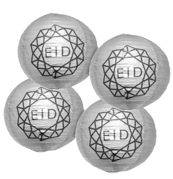 Pack of 4 Eid Geometric Pattern Paper Hanging Lanterns - Silver