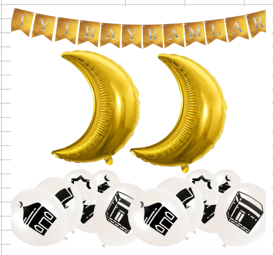 Gold iyi Bayramlar Bunting, Gold Foil Crescent Moon Balloons & White Islamic Symbol Balloons Set
