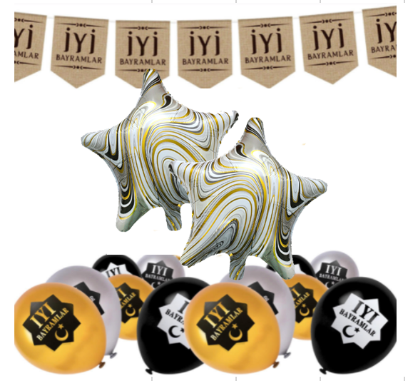 Iyi Bayramlar Hessian Bunting, 2 Gold Marble Foil Star Balloons & Gold, Silver & Black Balloons Decoration Set