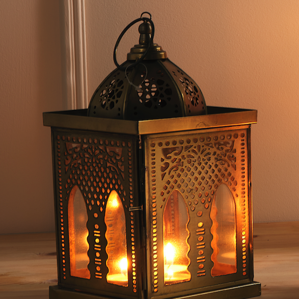 Antique Matte Gold Metal & Glass Tea Light Candle Lantern (L22-26)