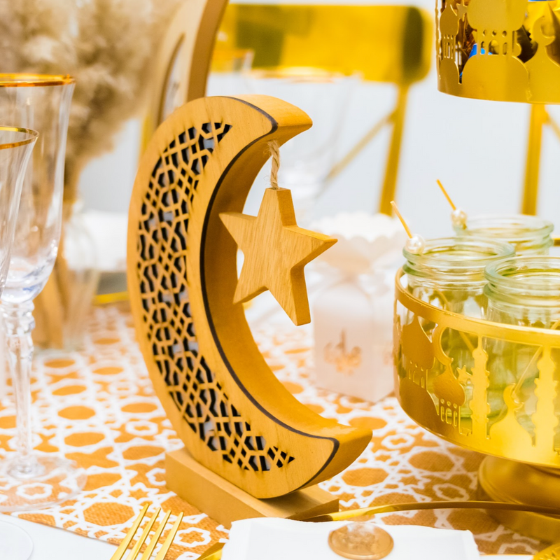 Wooden Cut Out Crescent Moon With Hanging Star Table Centre Decoration
