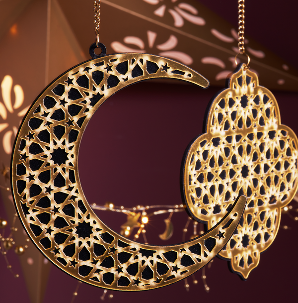 Pack of 2 Gold Geometric Pattern Eid & Ramadan Wooden Hanging Crescent Moons