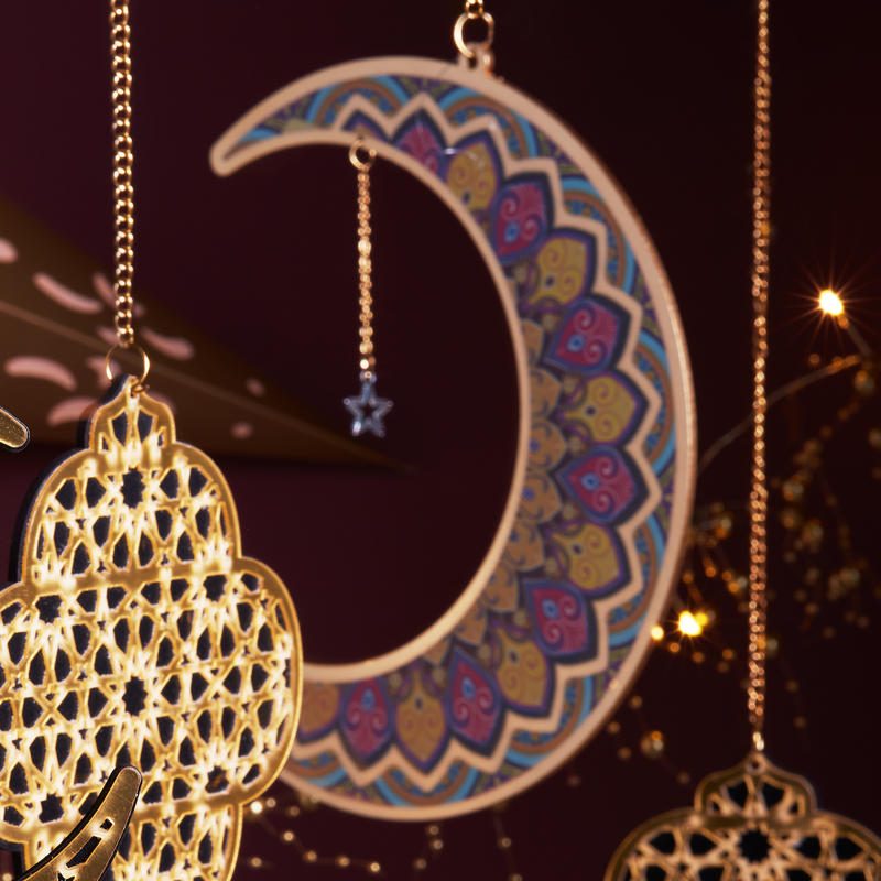 Pack of 2 Colourful Pattern Eid & Ramadan Wooden Hanging Crescent Moons