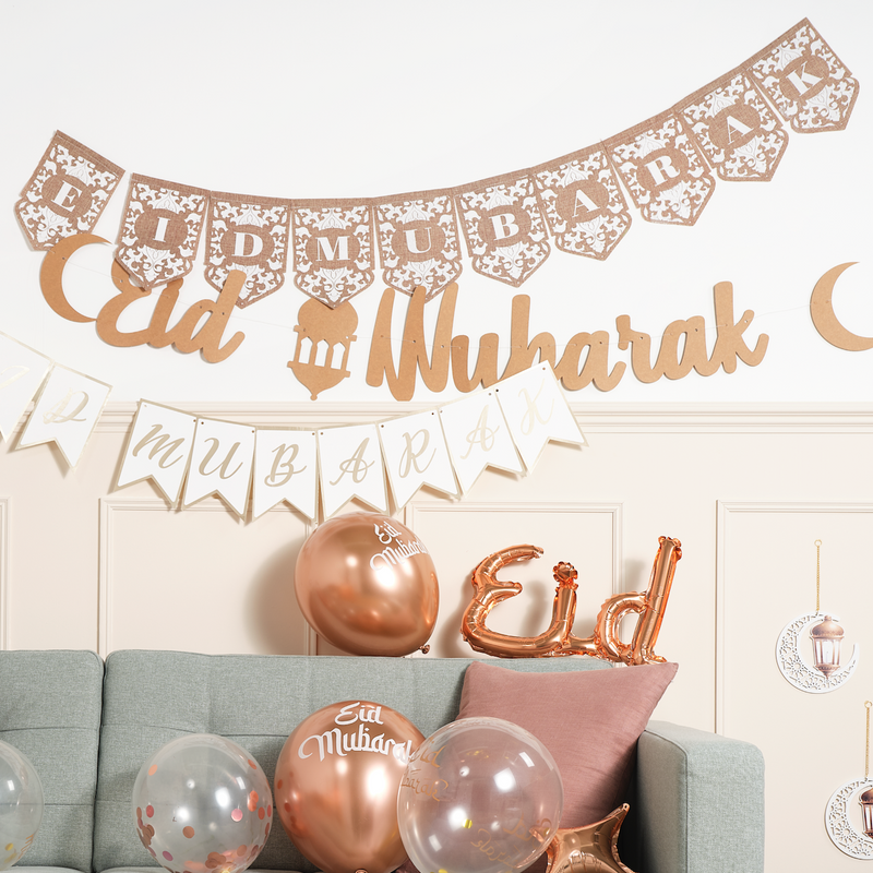 White Printed 'Eid Mubarak' Style Natural Hessian Pennant Bunting - 2m