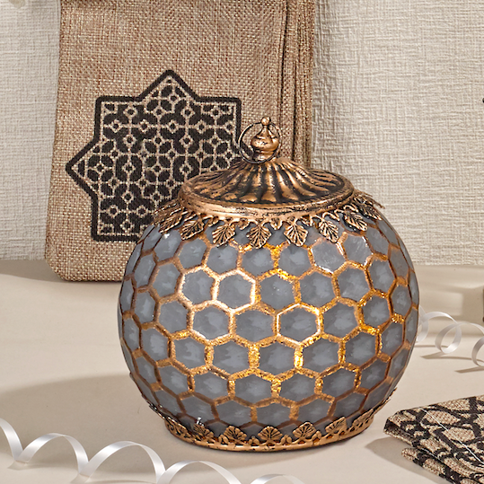 Grey Hexagon Pattern Glass LED Lantern Candle (24443)