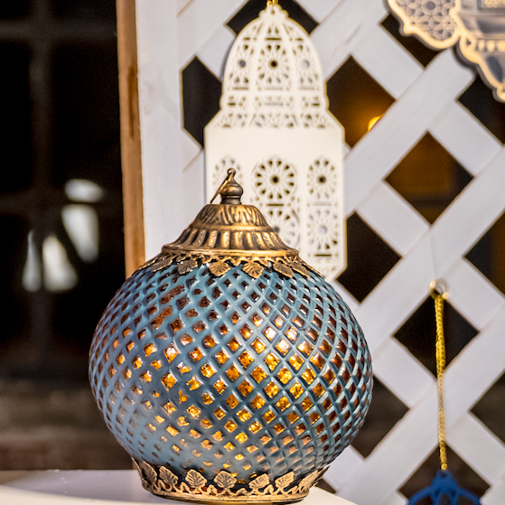 Navy Blue Crosshatch Pattern Glass LED Lantern Candle (24431)