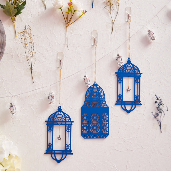 Set of 2 Blue Wooden Ramadan / Eid Long Lantern Hanging Decorations