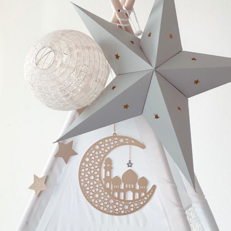 Set of 2 White Wooden Ramadan / Eid Crescent Moon & Mosque Hanging Decorations