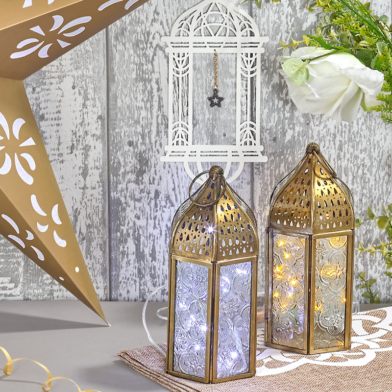 2 x Antique Matte Gold Metal & Glass Tea Light Candle Lantern (L22-28)