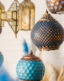 Blue Crosshatch Pattern Glass LED Lantern Candle (24428)