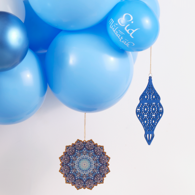 Pack of 2 Blue & Gold Floral Mandala Eid & Ramadan Wooden Hanging Decorations