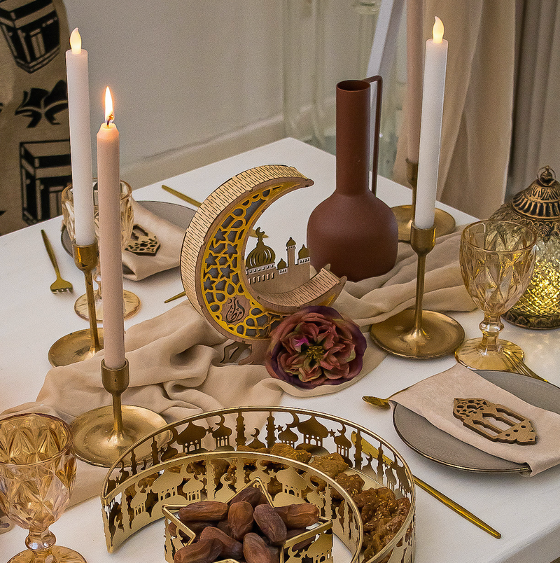 Pack of 2 Gold & Natural Wooden Cut Out Crescent Moon With Mosque Silhouette Table Centre Decoration
