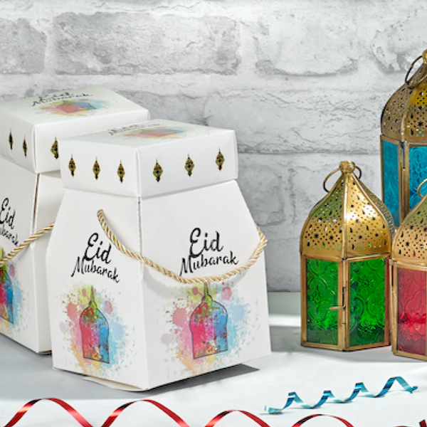 Large Eid Mubarak White Watercolour Favour Boxes with Rope Handles 12(10444-6)