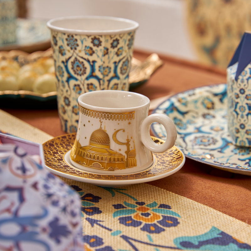 Set of 6 Ceramic Cups & Saucers - Gold & White Mosque Detailing (C22-5)