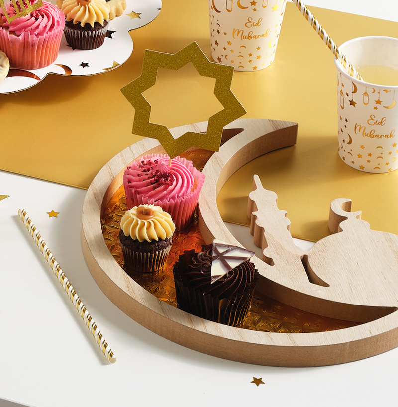 Gold Wooden Crescent Moon & Star Eid/Ramadan Food Serving Tray
