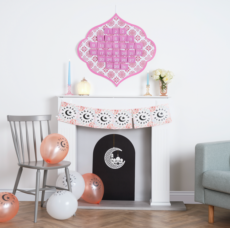 Pink Ramadan Calendar, Floral Bunting & Balloons Decoration Set