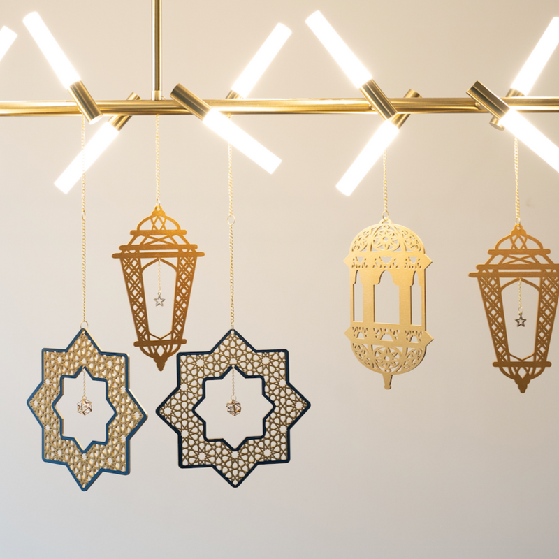 Set of 2 Gold Wooden Crosshatch Ramadan / Eid Lantern Hanging Decorations