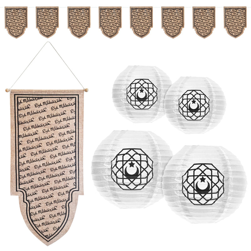 'Eid Mubarak' Calligraphy Hessian Bunting, Scroll & 4 x Paper Lanterns Set (Set 22-10)