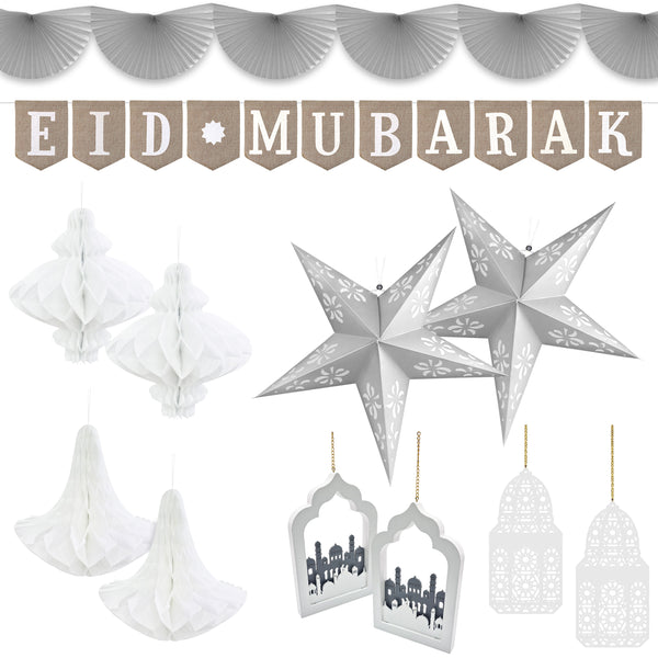 White, Silver & Hessian 'Eid Mubarak' Bunting, Half-Fan Garland, Paper/Wooden Lanterns & Stars Set (Set 22-14)